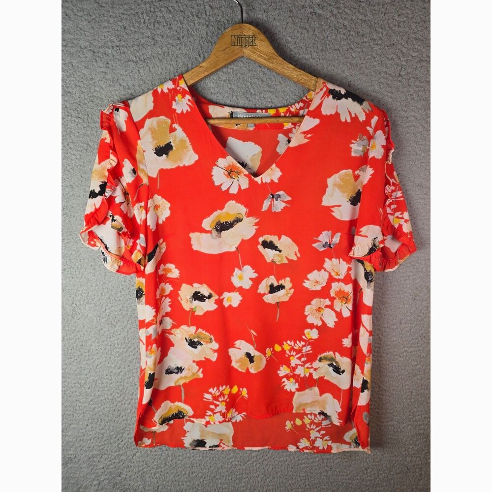 Daniel Rainn Orange Bird Floral Blouse Medium Cascading Ruffle Flutter Sleeve